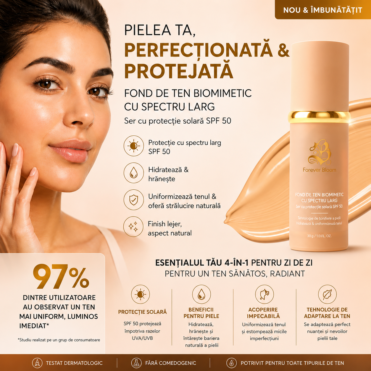 Fond de ten adaptiv SPF 50 – Se adaptează nuanței pielii, Hidratează și Uniformizează Tenul, Rezistent la apă, Pentru toate tipurile de ten