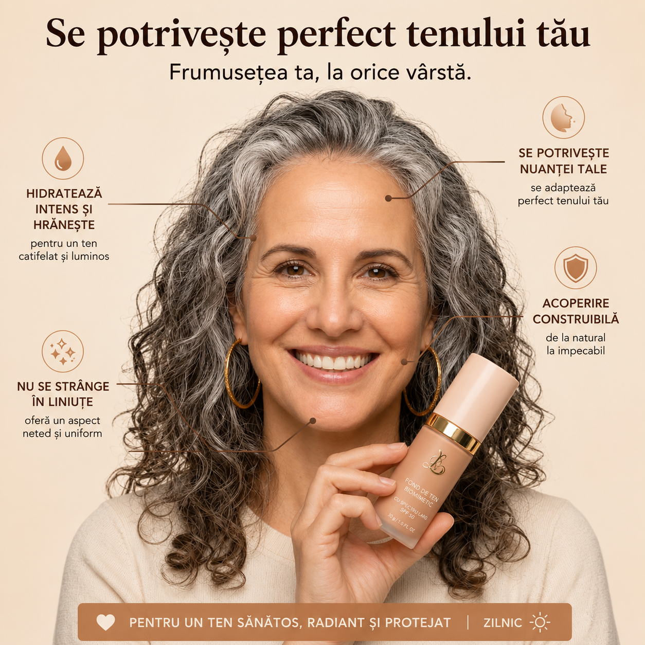 Fond de ten adaptiv SPF 50 – Se adaptează nuanței pielii, Hidratează și Uniformizează Tenul, Rezistent la apă, Pentru toate tipurile de ten