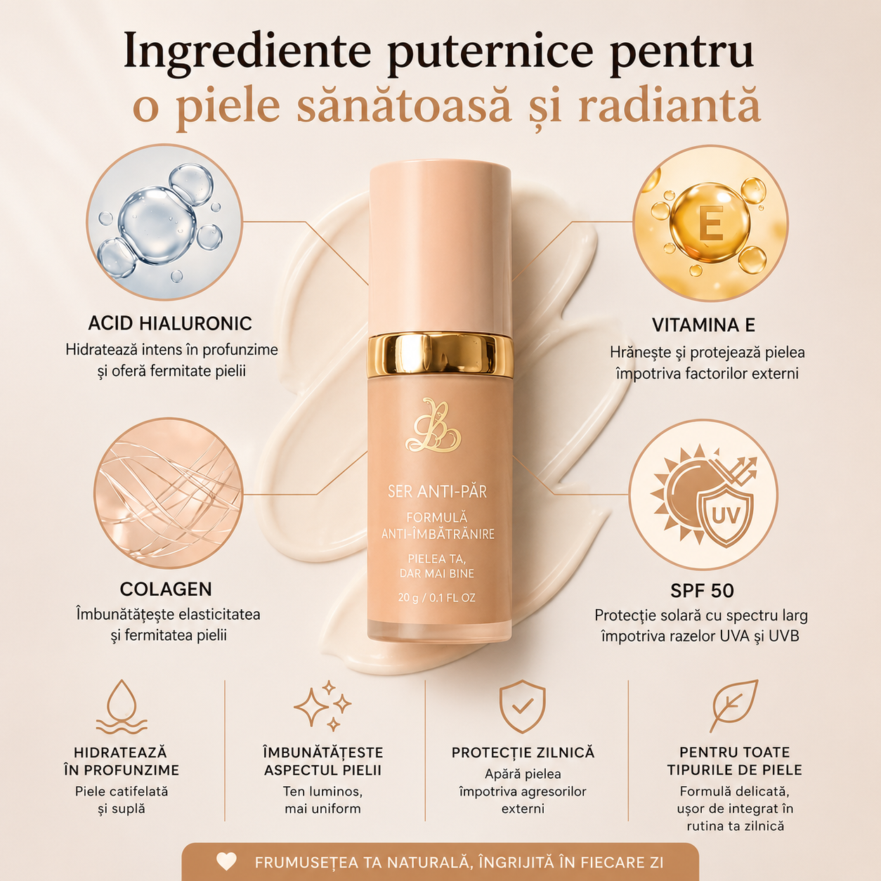 Fond de ten adaptiv SPF 50 – Se adaptează nuanței pielii, Hidratează și Uniformizează Tenul, Rezistent la apă, Pentru toate tipurile de ten