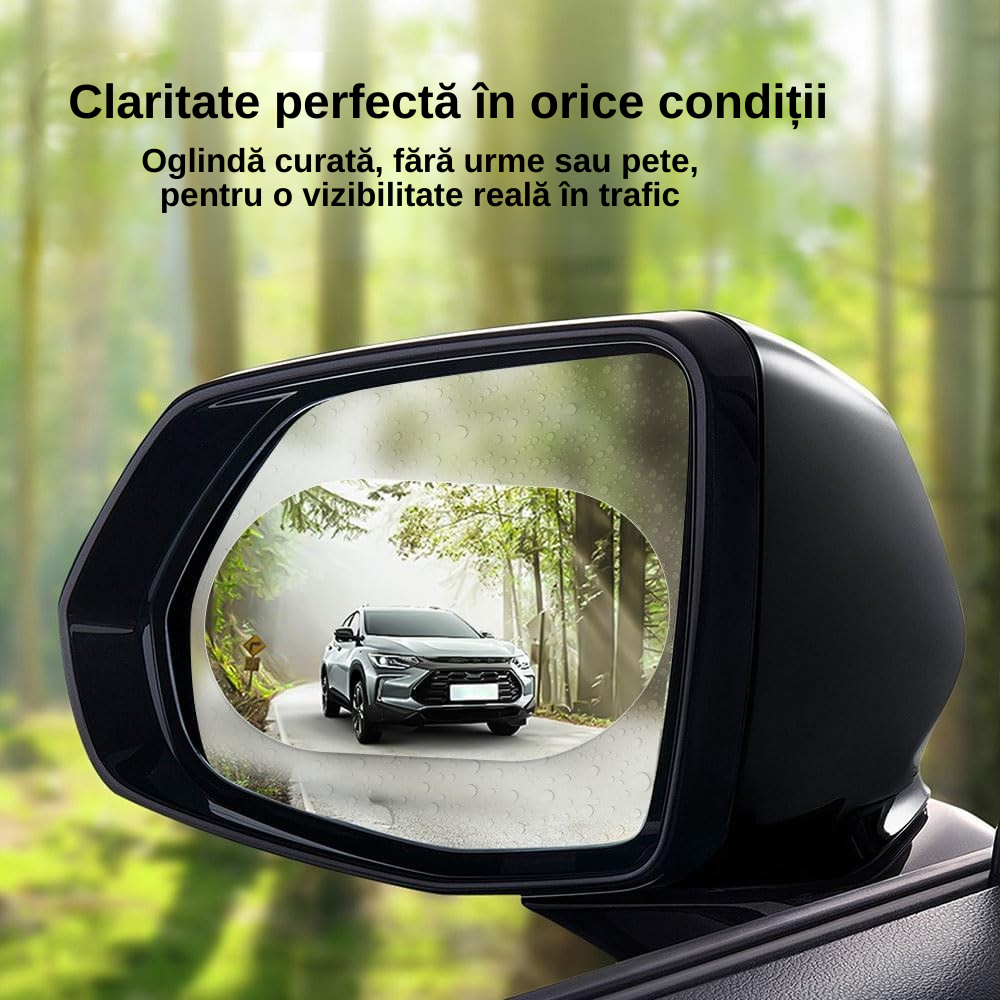 Folie Antiaburire & Anti-Ploaie pentru Oglinzi Auto – Vizibilitate HD, Protecție Nano Hidrofobă, Montaj Rapid, Set 2 Bucăți